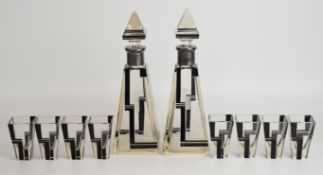 Continental Art Deco glass, liqueur set with silver mounts, tallest 30 cm