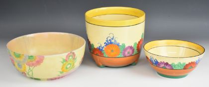 Clarice Cliff for Newport / Wilkinson Pottery Art Deco jardinière and two bowls decorated in the