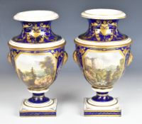 Pair of Crown Derby pedestal vases decorated with named scenes 'Entrance to Ambleside' and '