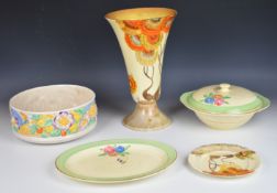 Clarice Cliff for Newport Pottery Art Deco flared vase, tureen, plate etc, decorated in the