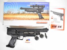 Weihrauch HW44 .22 PCP air pistol with shaped composite grips, adjustable sights, scope rail and two