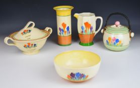 Clarice Cliff for Newport and Wilkinson Pottery decorative ware including a tureen, sleeve vase,