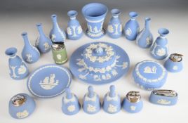 Wedgwood pale blue Jasperware including cigarette lighters, trinket / pin dishes, vases, charger