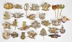 Twenty seven sweetheart brooches, stick pins and pin badges comprising seventeen sweetheart brooches