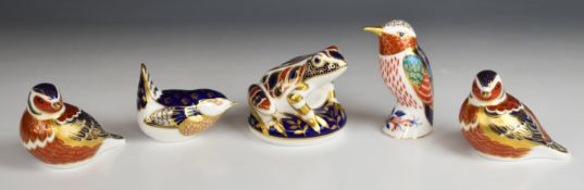 Five Royal Crown Derby bird and frog paperweights, tallest 23cm