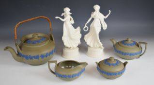 Wedgwood sage green Queensware style Japonesque tea set and two Dancing Hours figures, tallest 24cm