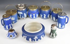 Wedgwood navy blue Jasperware including an unusual lightshade, jardinières, biscuit barrels, jugs