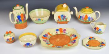 Clarice Cliff for Newport and Wilkinson Pottery Art Deco tea ware and bowl decorated in the Crocus