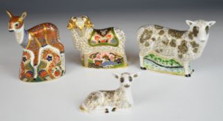 Four Royal Crown Derby paperweights comprising Imari Ram, Jacob Sheep, Collector's Guild Fawn and