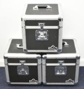 Three Gorilla DJ aluminium record flight cases, each capable of holding up to one hundred LPs or 12