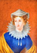 Georgian portrait miniature on ivory of a lady in lace cap and collar, named to rear of frame