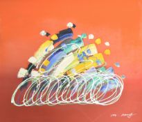 Modern arcylic on canvas Tour de France or similar cycling scene, indistinctly signed lower right,