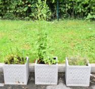 Three square grey glazed garden planters / jardinières, W30cm