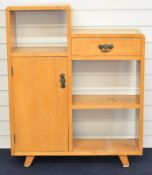 Art Deco split level shelf unit with single drawer and cabinet, W80 x D24 x H95cm