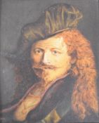 Oil on panel portrait of a gentleman in the manner of Rembrandt, 25 x 20.5cm, in lacquer and gilt