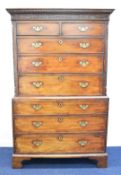 Georgian mahogany chest on chest of two over three graduated drawers with dentil cornice, moulded