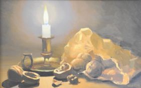 Gerald Norden (1912-2000) acrylic on board still life study walnuts by candlelight, signed and dated