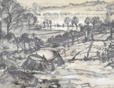 Harold Sayer (1913-1993) charcoal and pen and ink ‘The Flooded Valley’, signed, dated '49 and titled