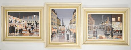 Three Alfred Jones (1914-2014) acrylic on board and canvas London and similar street scenes in the