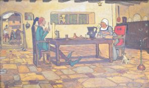 Manner of Cecil Aldin couple at the table in a farmhouse kitchen, indistinctly signed lower right.