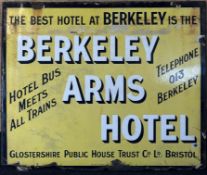 Berkeley Arms Hotel blue and yellow vintage enamel sign, advertising it as the best hotel at