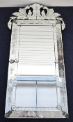 Venetian bevelled glass mirror with ornate finial, W50 x H121cm