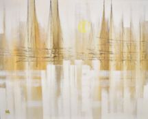 Kim Kyung (Korean 1922-1965) oil on canvas cityscape, signed lower left, 121 x 152cm, in part gilt