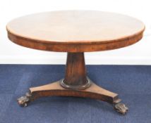 Victorian burr walnut circular tilt top breakfast or occasional table, raised on a plain tapering