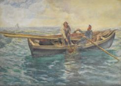 Victorian or early 20th century maritime watercolour fishermen lifting pots into a boat,