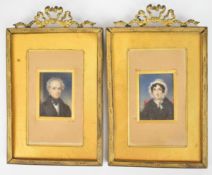 Pair of 19th century portrait miniatures on ivory depicting a lady in bonnet and a gentleman, both 4