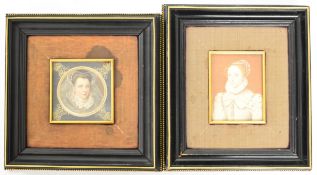 Pair of 19th century portrait miniatures on card, one depicting Jeanne d'Albret the other Mary Queen