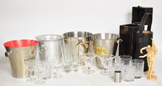 Collection of champagne / wine buckets or coolers, drinking glasses, wine carrier etc, includes