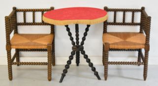 Pair of vintage oak corner bobbin chairs with woven rush seats, W42 x D42 x H65cm, together with a