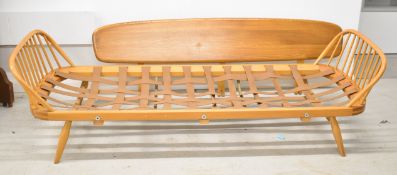 Ercol mid century modern light elm double ended day bed with headboard, screws missing, W212 x D50 x