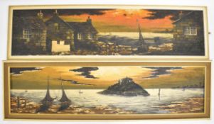 Pair of Colin Richardson (20th century Cornish artist) acrylic on board village seascapes at sunset,