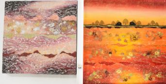 Sarah Ewing (British contemporary) acrylic sunset scene Golden Days, 60 x 60cm, another acrylic