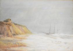 Hugh Wright Rudby (1855–1954) Victorian maritime watercolour beach scene with sailing ship, signed