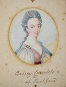 19th century portrait miniature on ivory Bessy Countess of Rochford(1699-1746), maximum diameter 4.