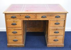 19thC leather inset pitch pine twin pedestal desk, W121 x D75 x H75cm