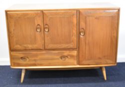 Ercol mid century modern light elm sideboard, W114 x D46 x H82cm