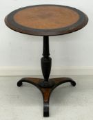 19thC burr wood pedestal circular table with ebonized worked border, support and base and beaded
