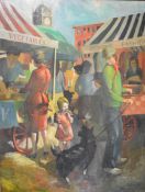 J A Davison oil on board market scene with clock tower beyond, signed lower right and named verso,