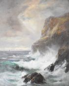 Alfred Joseph Warne Browne (1855-1915) oil on canvas seascape waves breaking on rocks / cliff