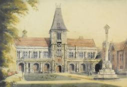 A.J. Meyer (1866-1919) Dulwich College Chapel coloured etching, signed and titled in pencil