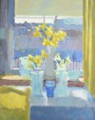 Likely Rose Hilton (1931-2019) still life study daffodils at St. Lukes terrace with seascape beyond,