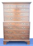 Georgian walnut chest on chest of two over three over four graduated drawers with moulded frieze and