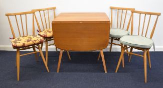 Ercol mid century modern light elm table, W140 x D70 x H78cm, and four chairs