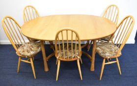 Ercol mid century modern light elm extendable table, W163 (extended 213) x D74 x H108cm, and five