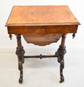 Victorian walnut work table with moulded supports, raised on ceramic castors, W56 x D35 x H72cm