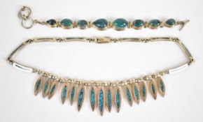 Mexican silver necklace and silver bracelet set with chrysoprase, 145g